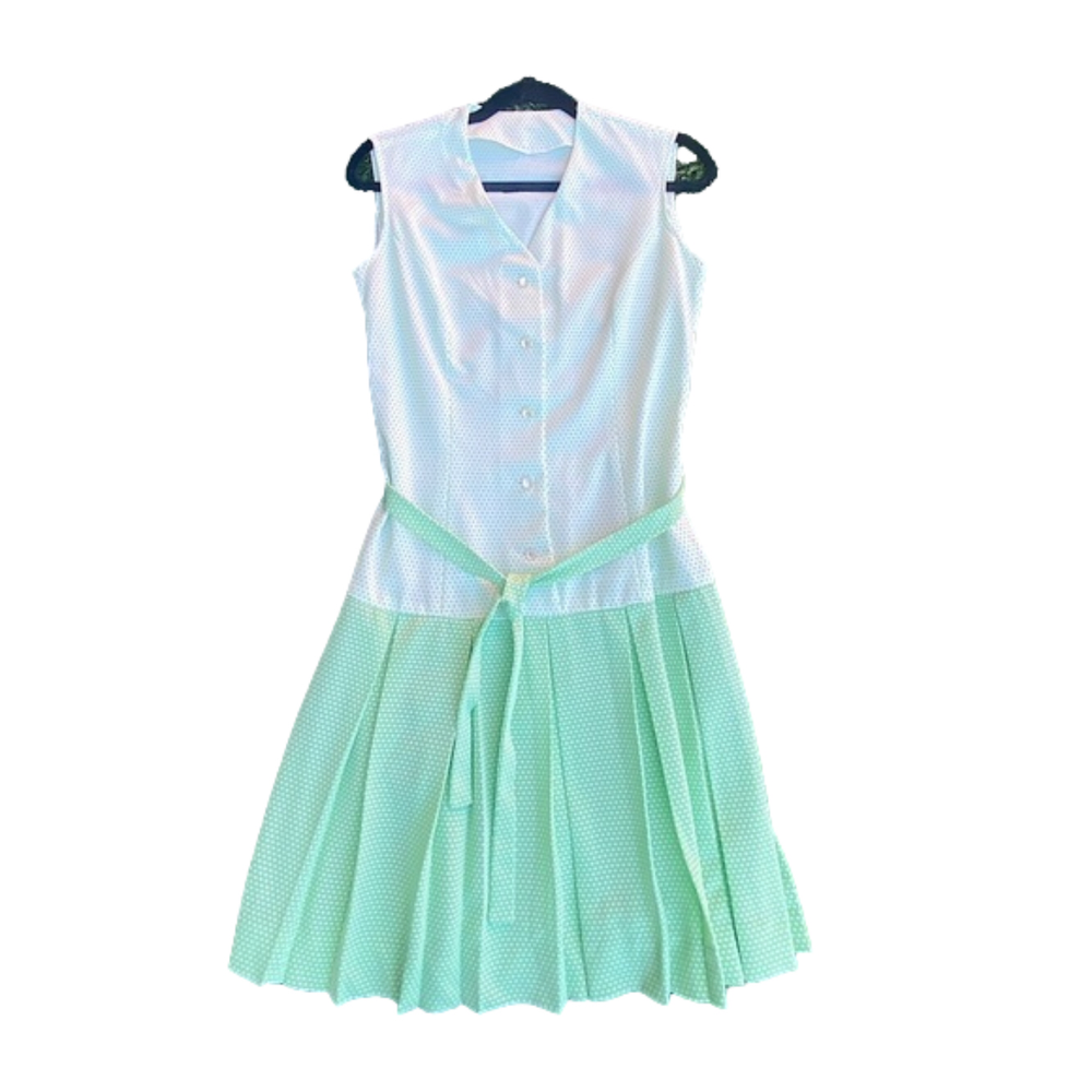 Vintage green & white polka dot drop waist dress-homemade so no tag-approx Sz-L